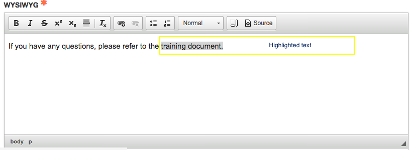 text highlighted in WYSIWYG for the link to document