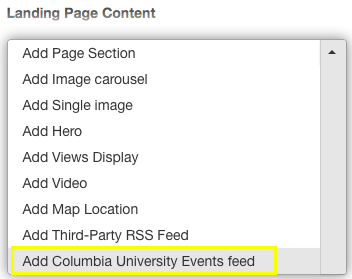interface for selecting Add Columbia University Events feed