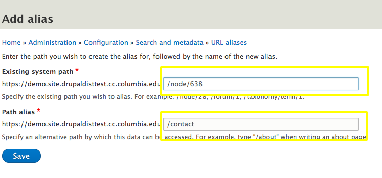 fields to enter in alias information