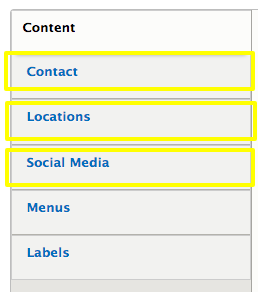 the contact, locations, and social media tabs