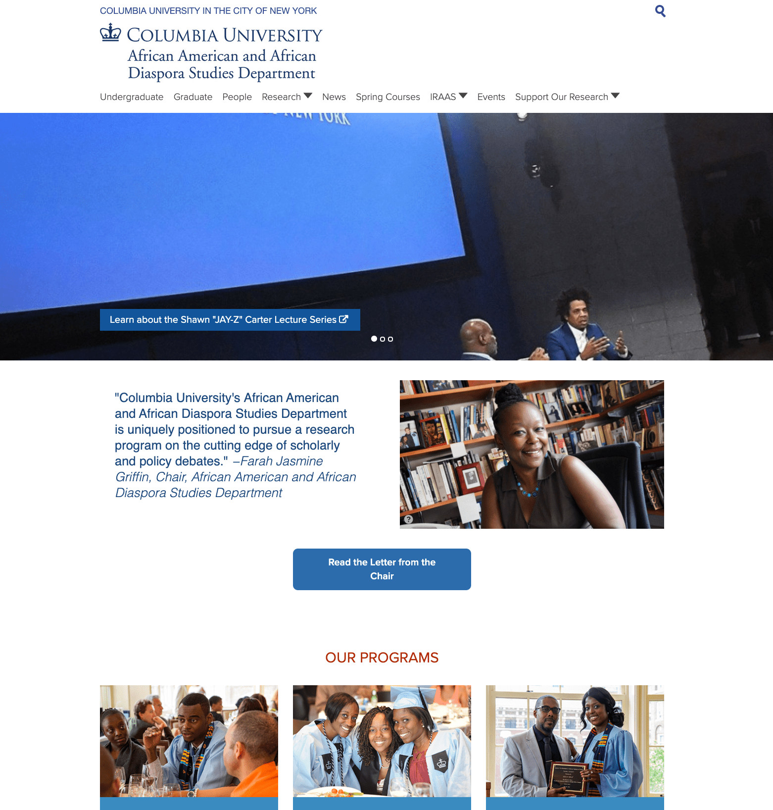 African American and African Diaspora Studies Department homepage screenshot