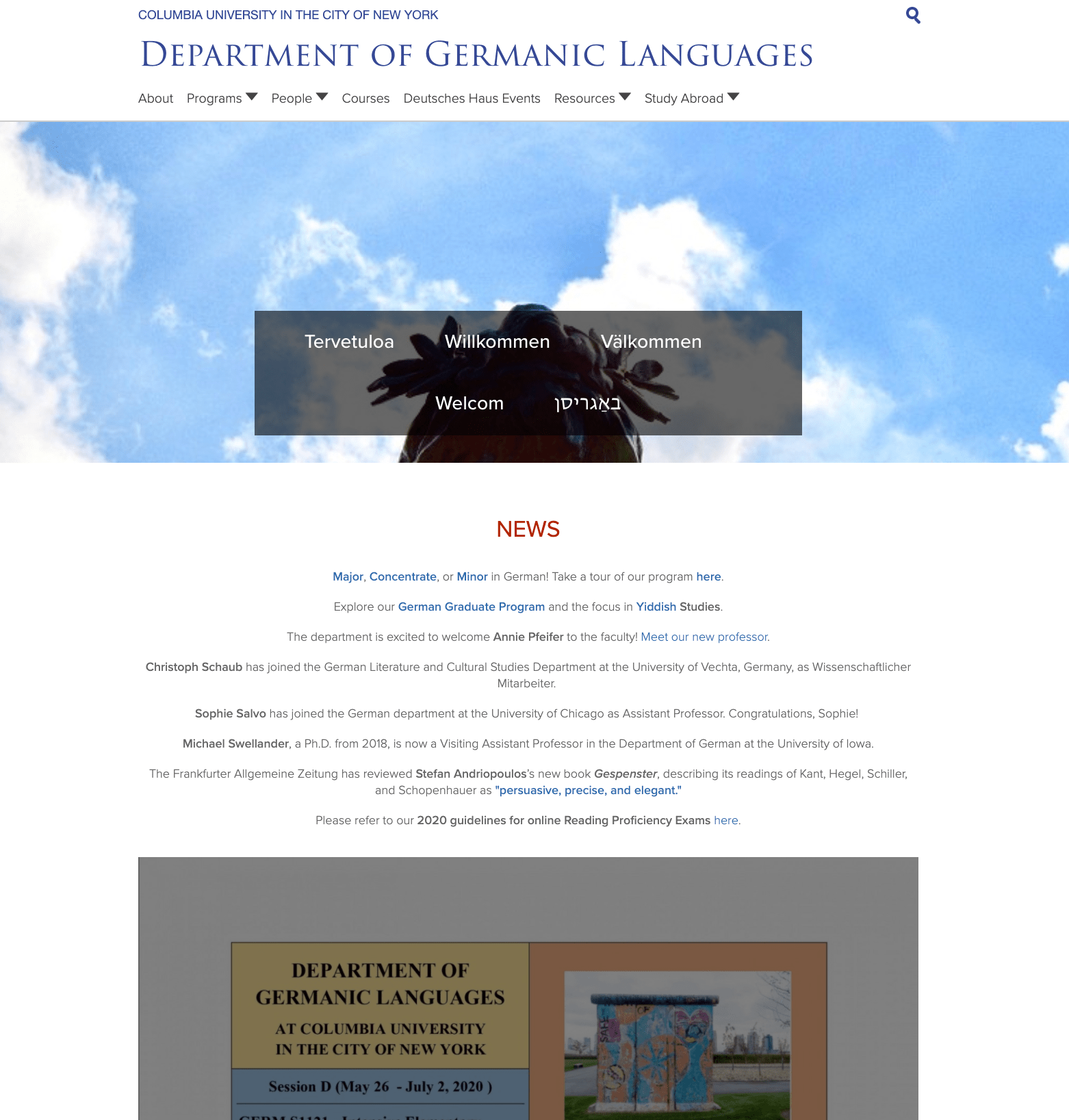 Department of Germanic Languages homepage screenshot