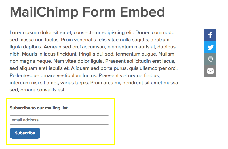 mailchimp embedded on page