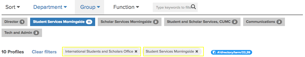 directory filtered to "International Students and Scholars Office" and "Student Services Morningside".