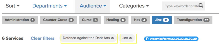 example of services filtered by  "Defense Against the Dark Arts" and "Jinx"