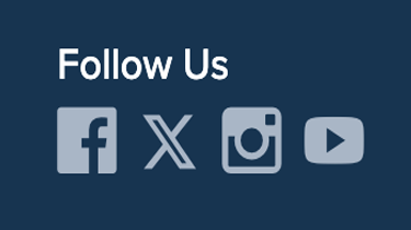 Follow us headline followed by social media buttons featuring the logos of Facebook, Twitter, Instagram, and YouTube