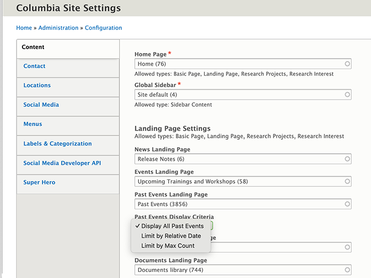 Columbia Sites settings for past events landing page