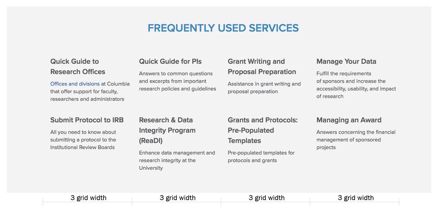 Resulting webpage with 4 Info Cards set to 3 grid units