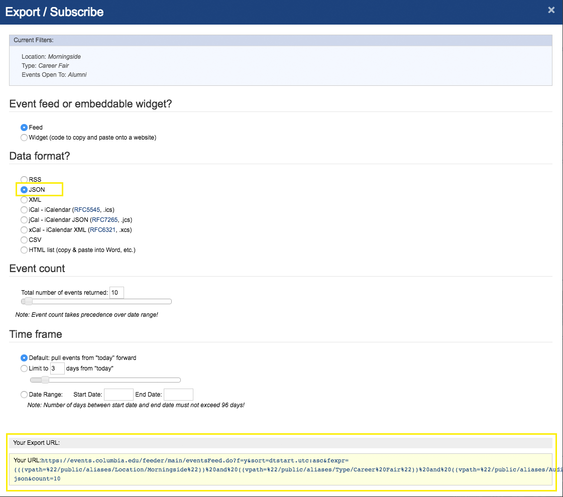 interface for selecting JSON and getting the export URL