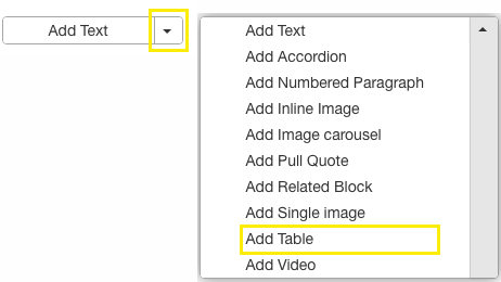 interface for adding a table