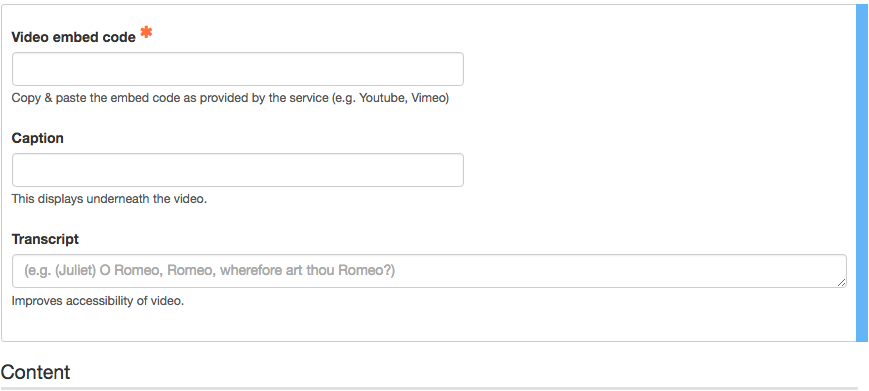 interface for entering video embed code, caption and transcript