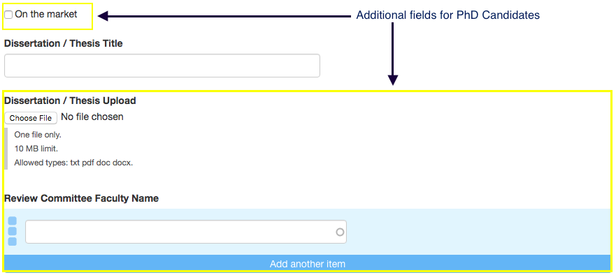 field entry for masters and phd candidates