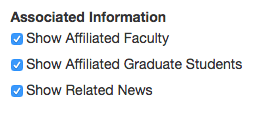 interface for selecting faculty, grad students, and news articles for the research interest