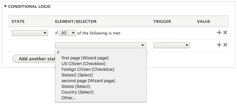 ELEMENT/SELECTOR dropdown values