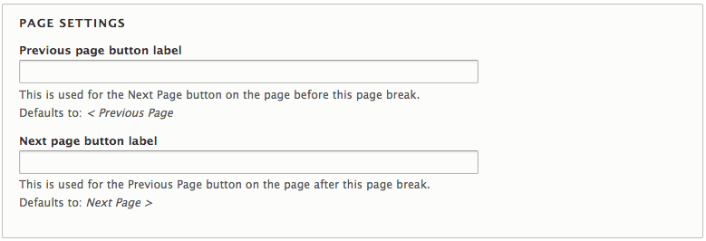fields for entering previous page and next page button labels