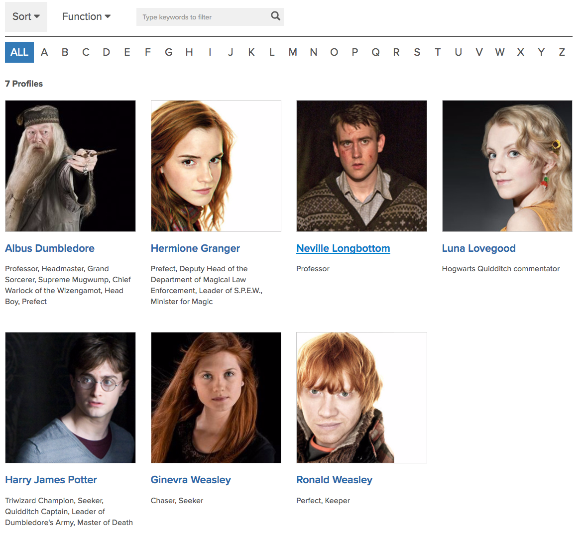 Example of profiles set to display images (and filters)