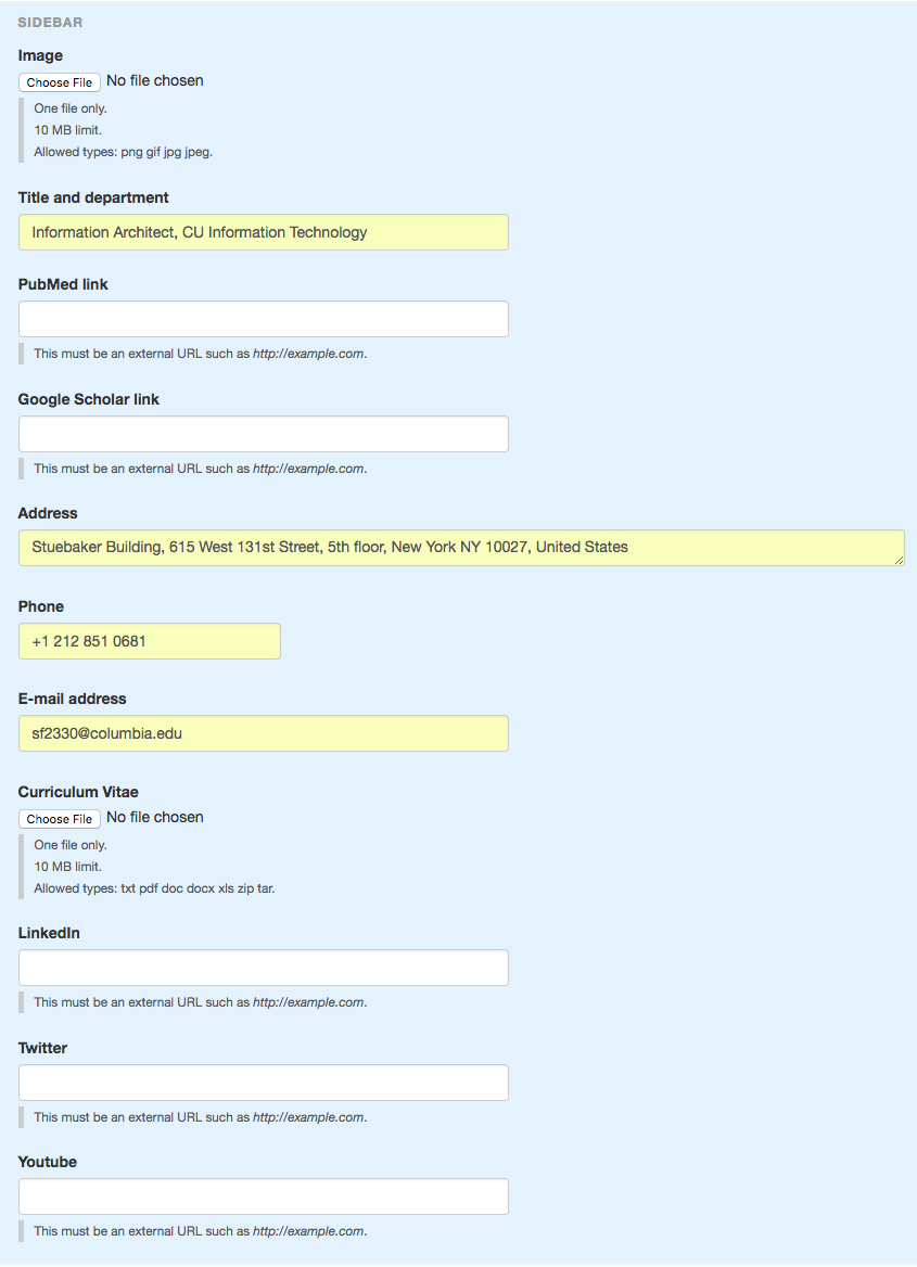 fields for profile