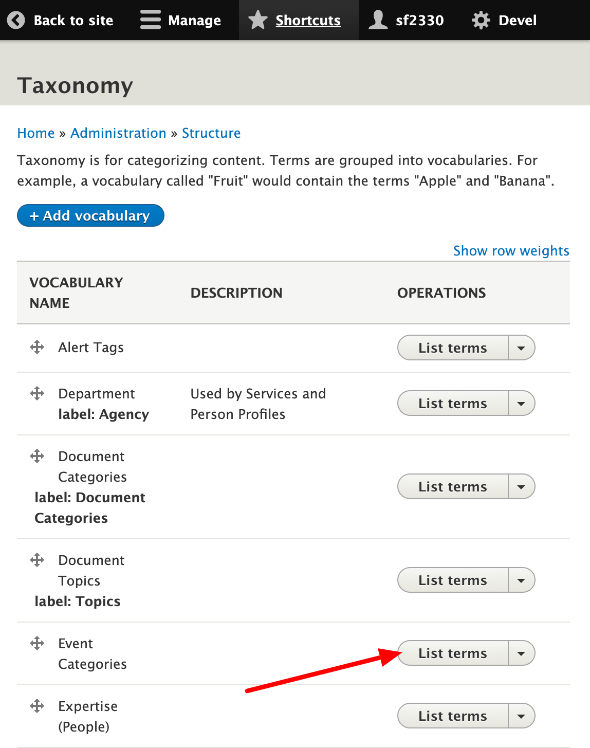 select list terms for events