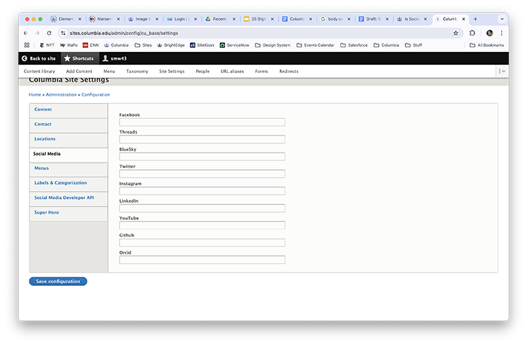 Columbia Sites social media settings