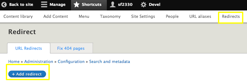 interface for add redirect button