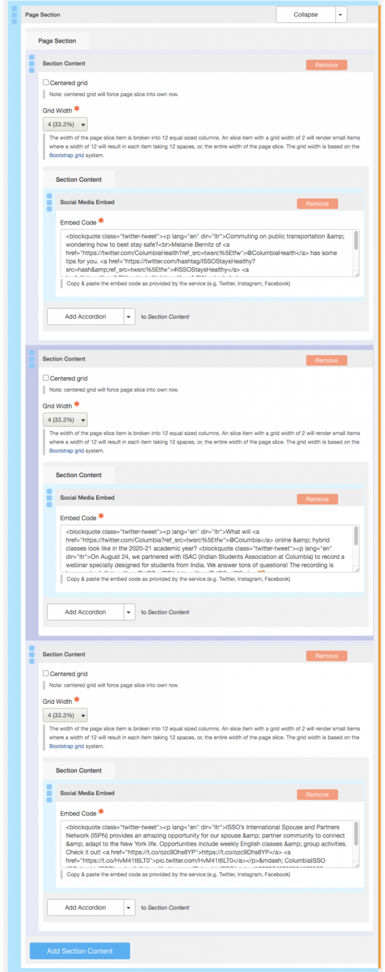 Backend EDIT interface with 3 Section Contents, each set to 4 grid widths, each with Social Media Embeds