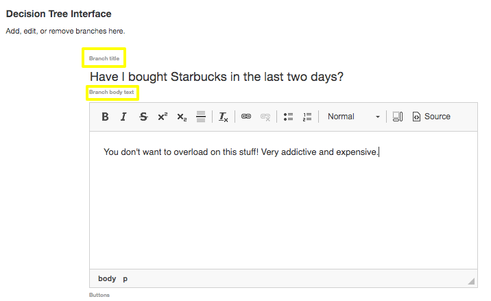interface to add in branch title and text