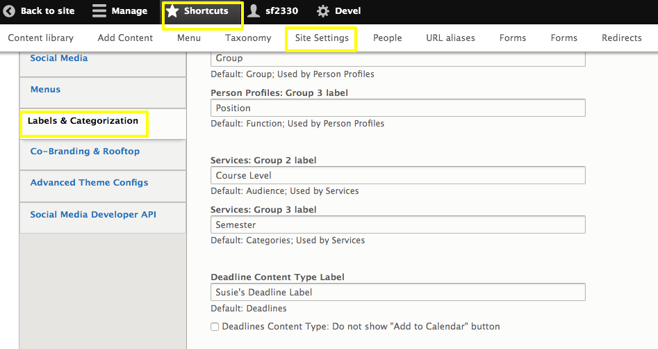 interface to get to labels and categorization