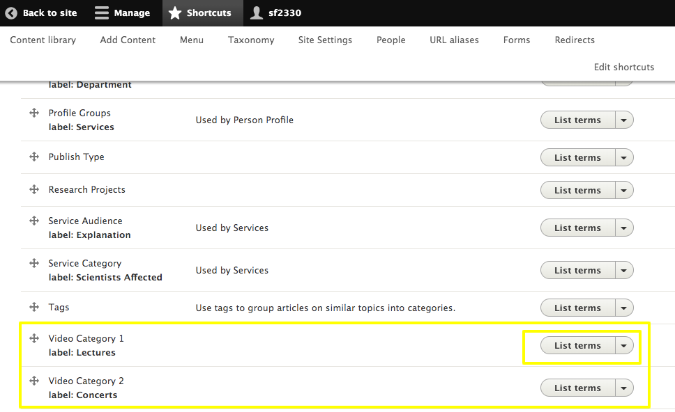 interface to select the taxonomy terms