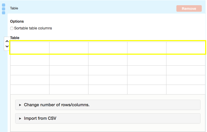 interface for entering in first row of cells to create a table header