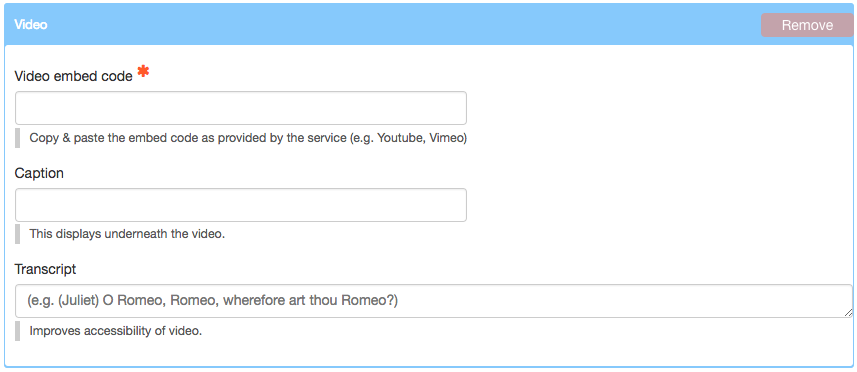 fields for entering embed code, caption and transcript