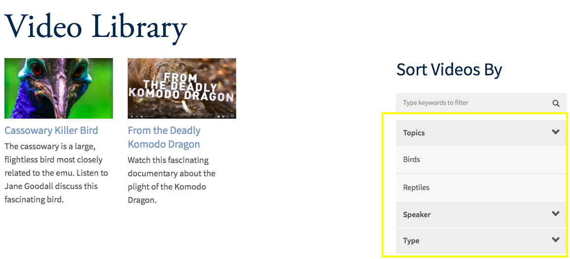 filters displayed on webpage
