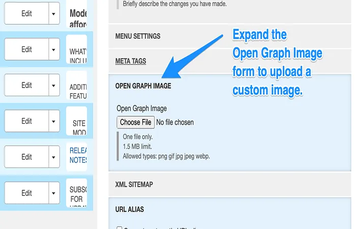 Backend of webpage detailing open graph image 