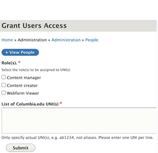 Grant Users Access interface listing the following roles: content manager, content creator, and webform viewer