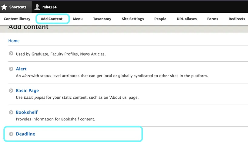 highlighting of text prompting tabs to begin process of creating a deadling