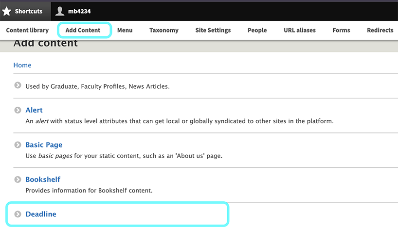highlighting of text prompting tabs to begin process of creating a deadling