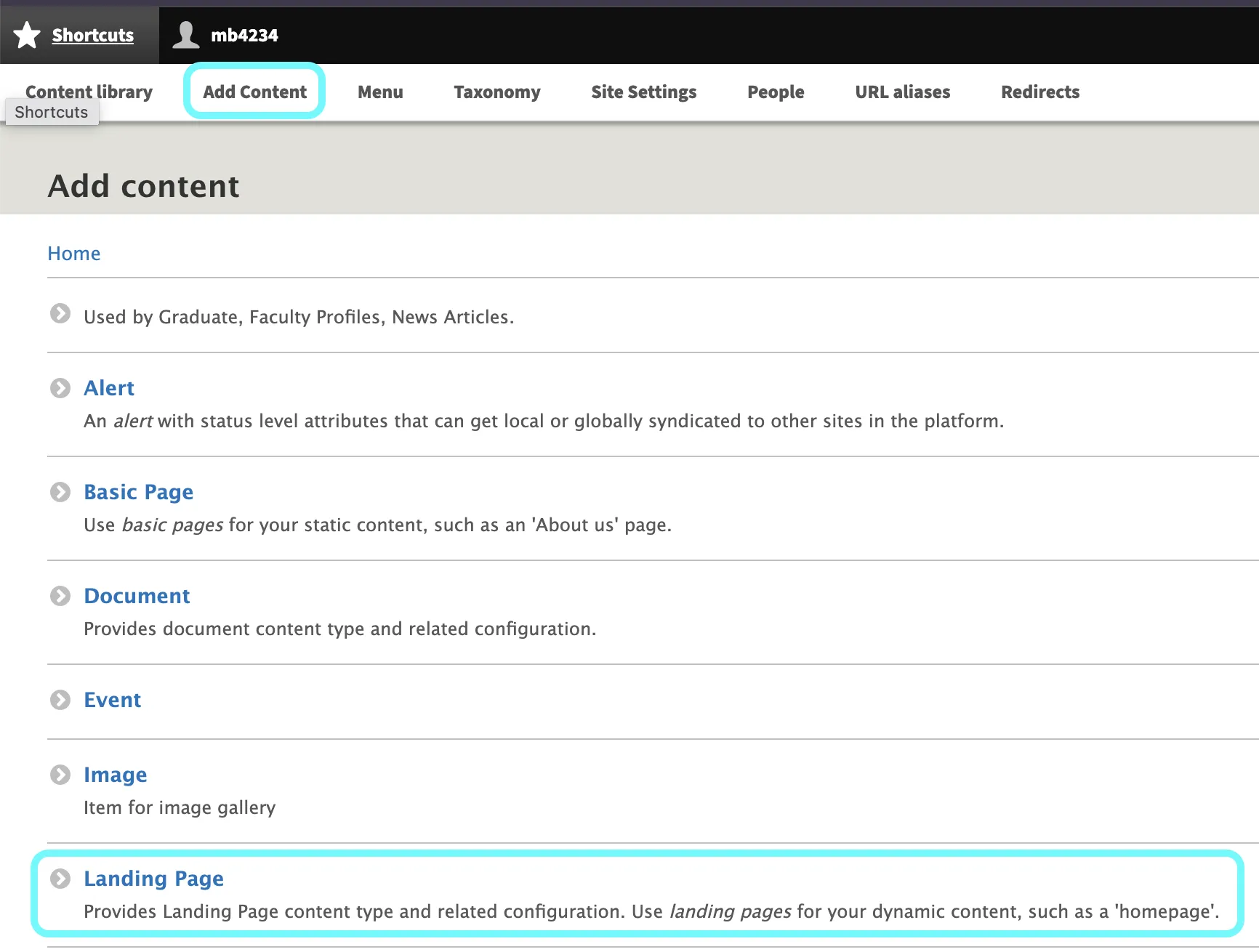 Text highlighting add content and landing page fields 