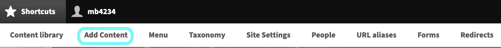 Text within the navigation menu bar and highlighting the Add Content option