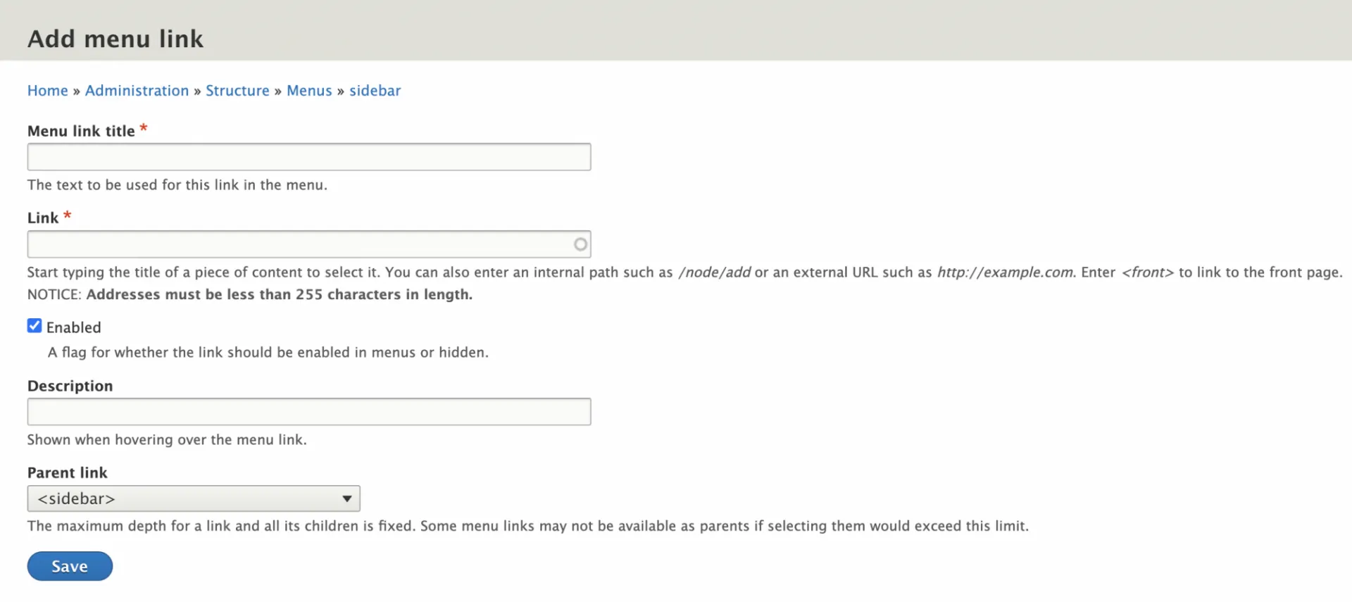 Screen grab of Add Menu Link page