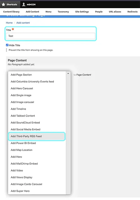 Text displaying third party rss feed as an option 