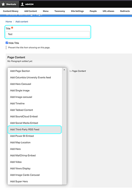 Text displaying third party rss feed as an option