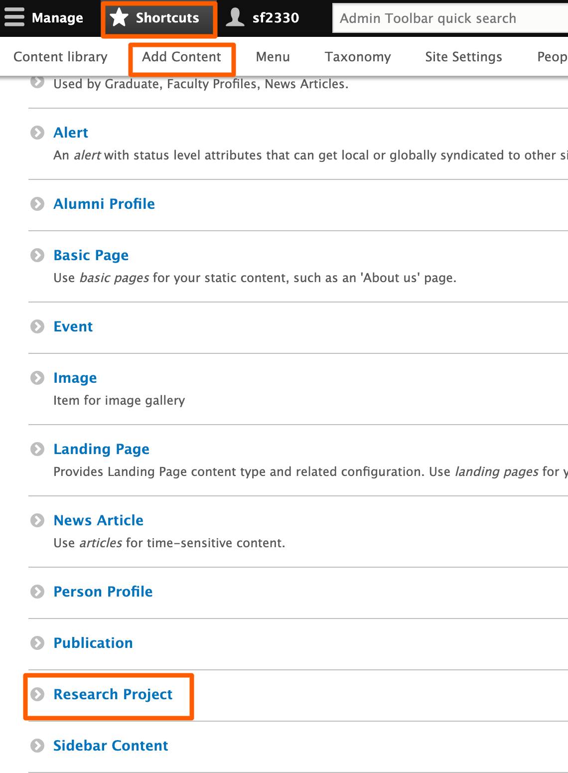 Add Content menu, select Research Project
