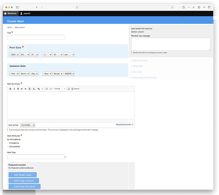 Screen grab of the "Create Alert" page