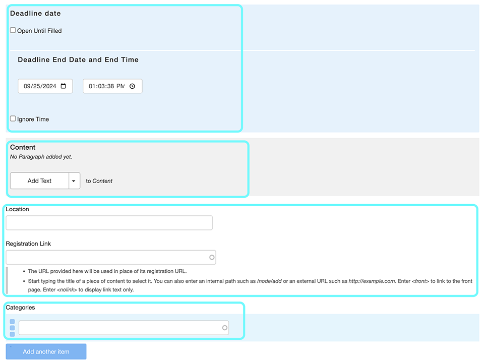 text displaying sections of the deadline content to complete
