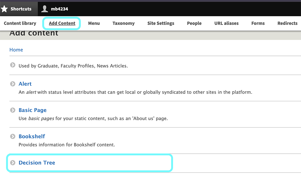 text displaying decision tree as anoption within content type listings