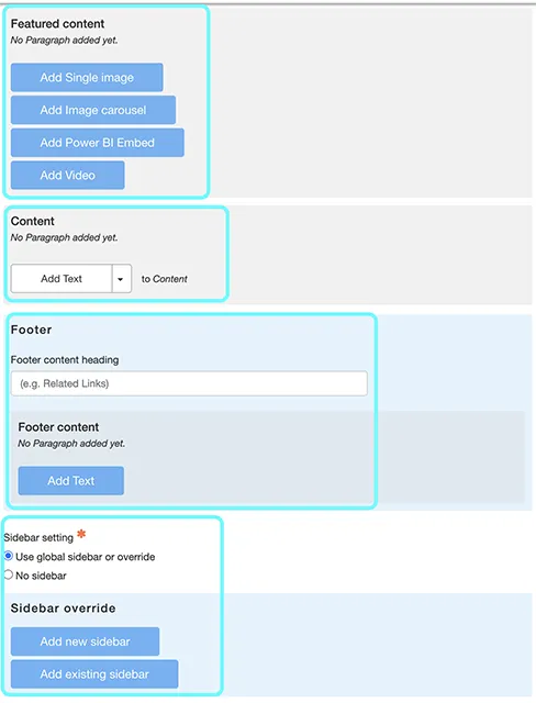 Text displaying featured content, content, footer and sidebar content options. 