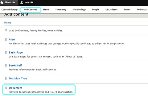 text displaying add content and document options