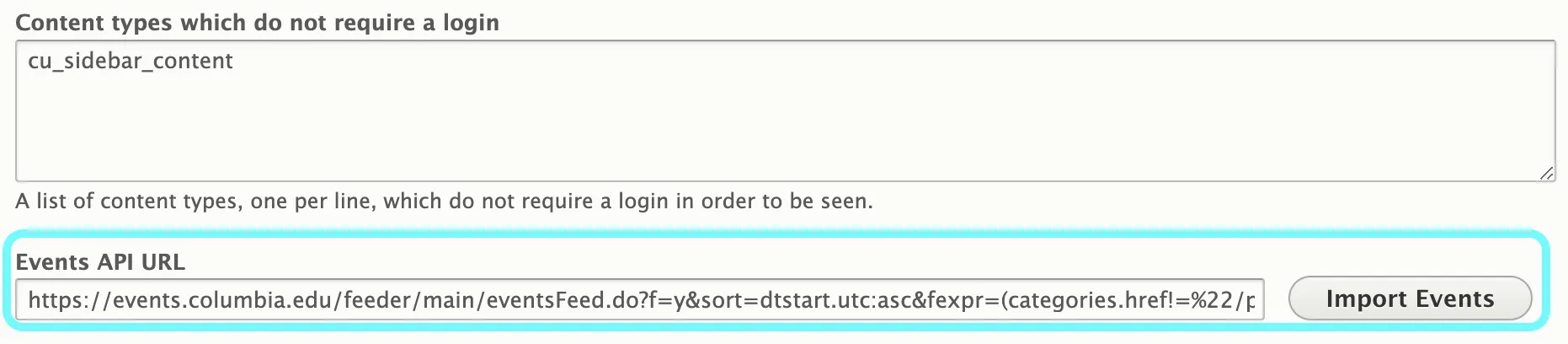 text displaying the events api url feed.
