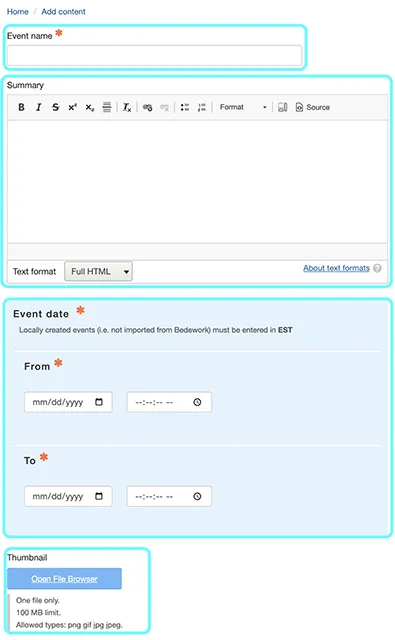 text on backend to provide event summary and start dates/times. 