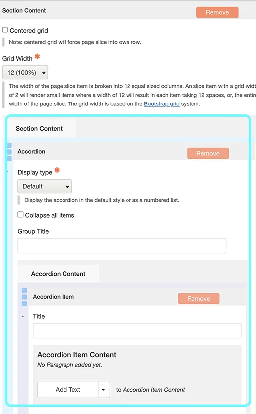 Text highlighting fields leading to the creation of an accordion