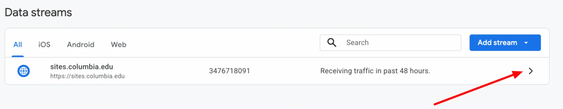 Click your website's Web data stream.